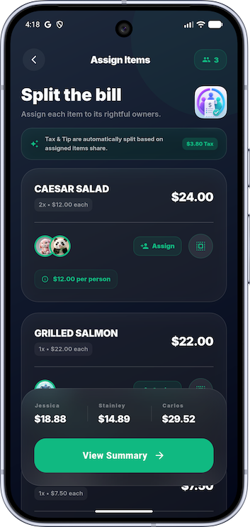 Splitoria Assign Items Screen