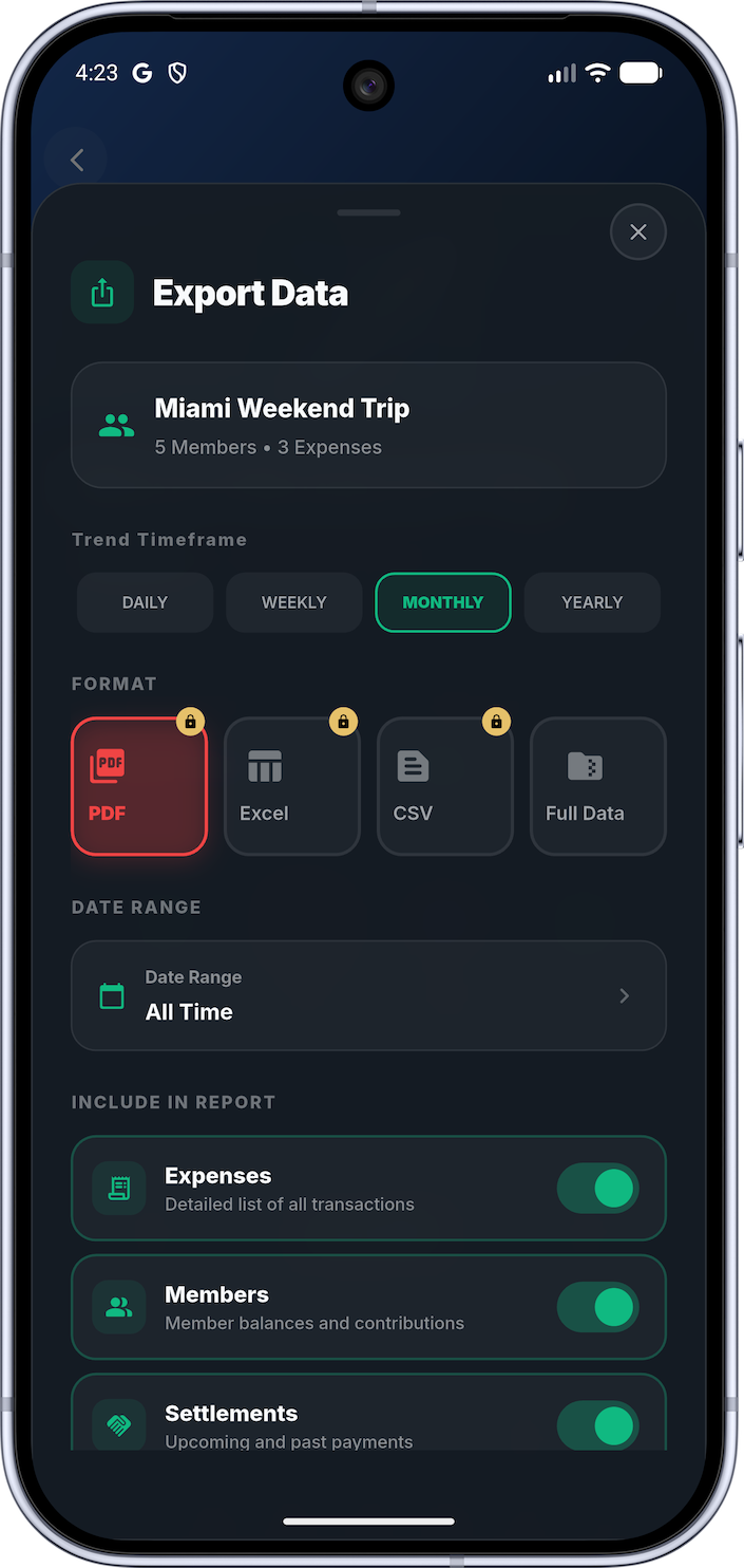 Splitoria Export Data Screen
