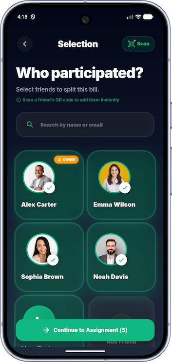Splitoria Participant Selection Screen